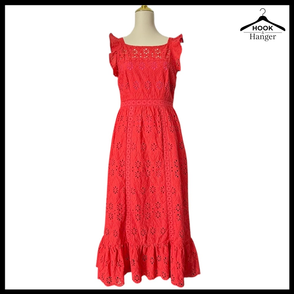 Vineyard Vines Tomato Red Eyelet Midi Dress 6 Cotton Summer Spring Wedding Guest
